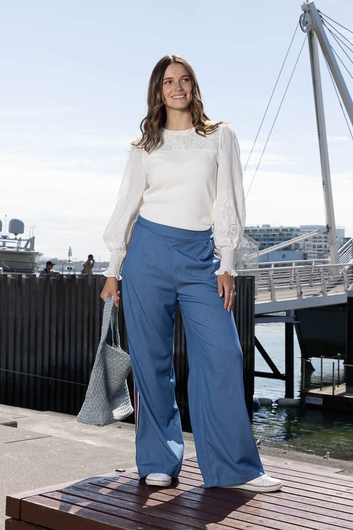 denim wide leg pant with side stripes