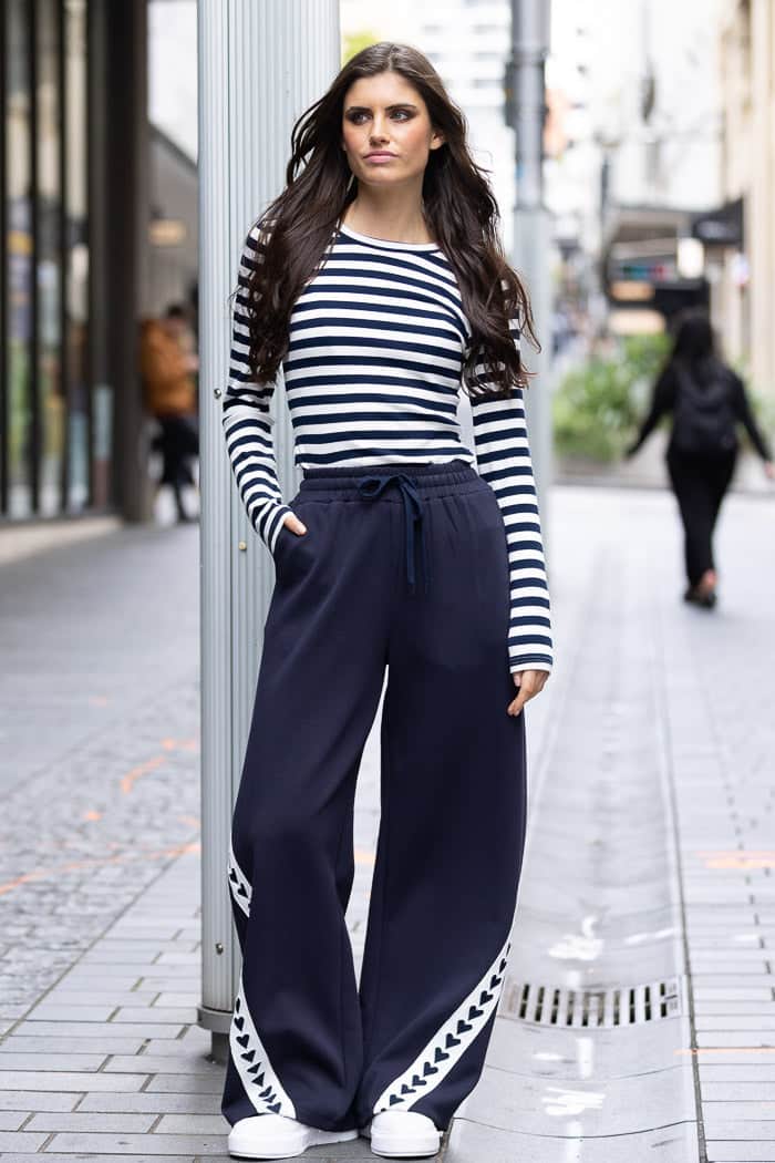 navy pant with cut out hearts