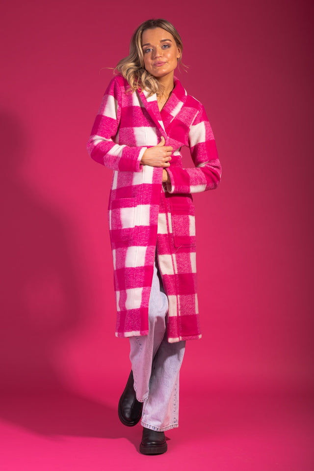 Long hot pink & white tartan check print coat cardigan