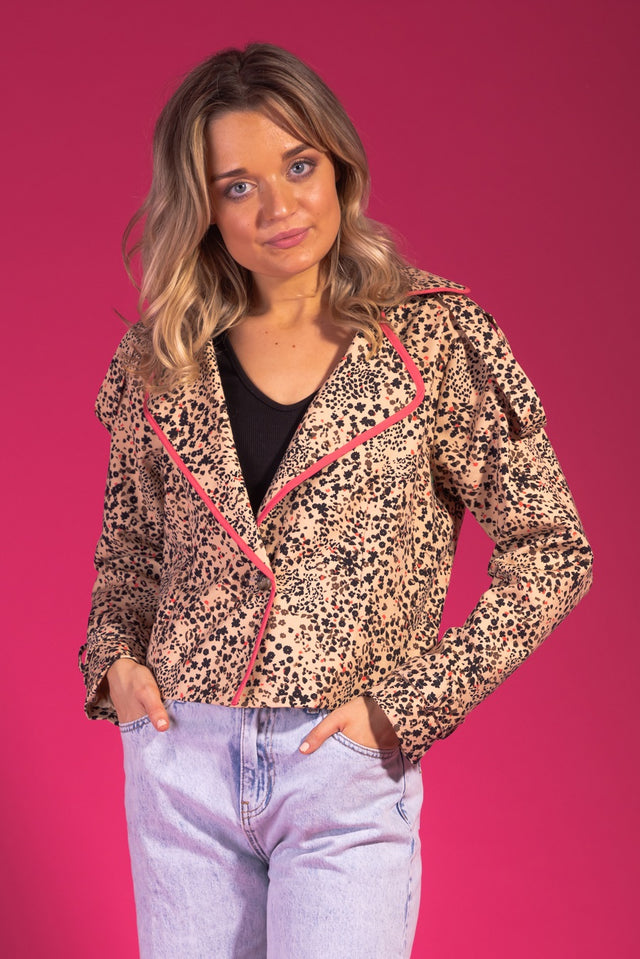 Beige leopard animal print cropped jacket trench