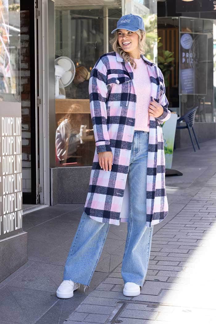 lilac navy pink tartan coat
