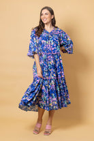 blue tiered midi dress