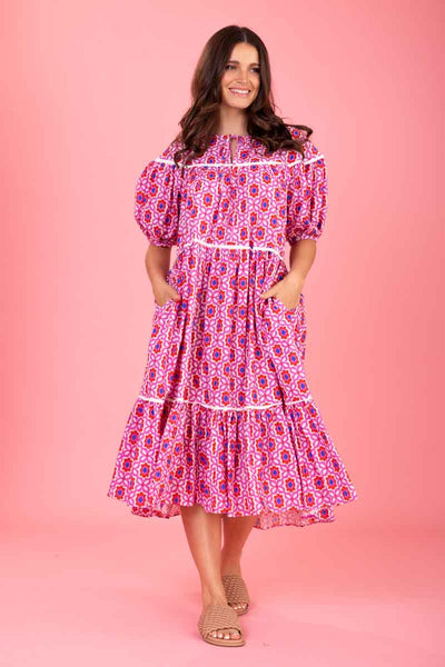 Charise Dress Pink Red Print Augustine Charise Dress Pink Red Print Augustine