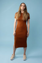 orange ribbed midi dress