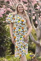 fruit print off shoulder dress