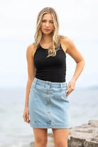 buttoned denim mini skirt