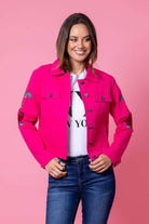 pink embroidered denim jacket plus size