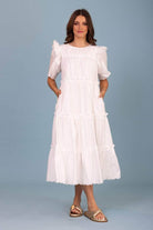 white tiered midi dress