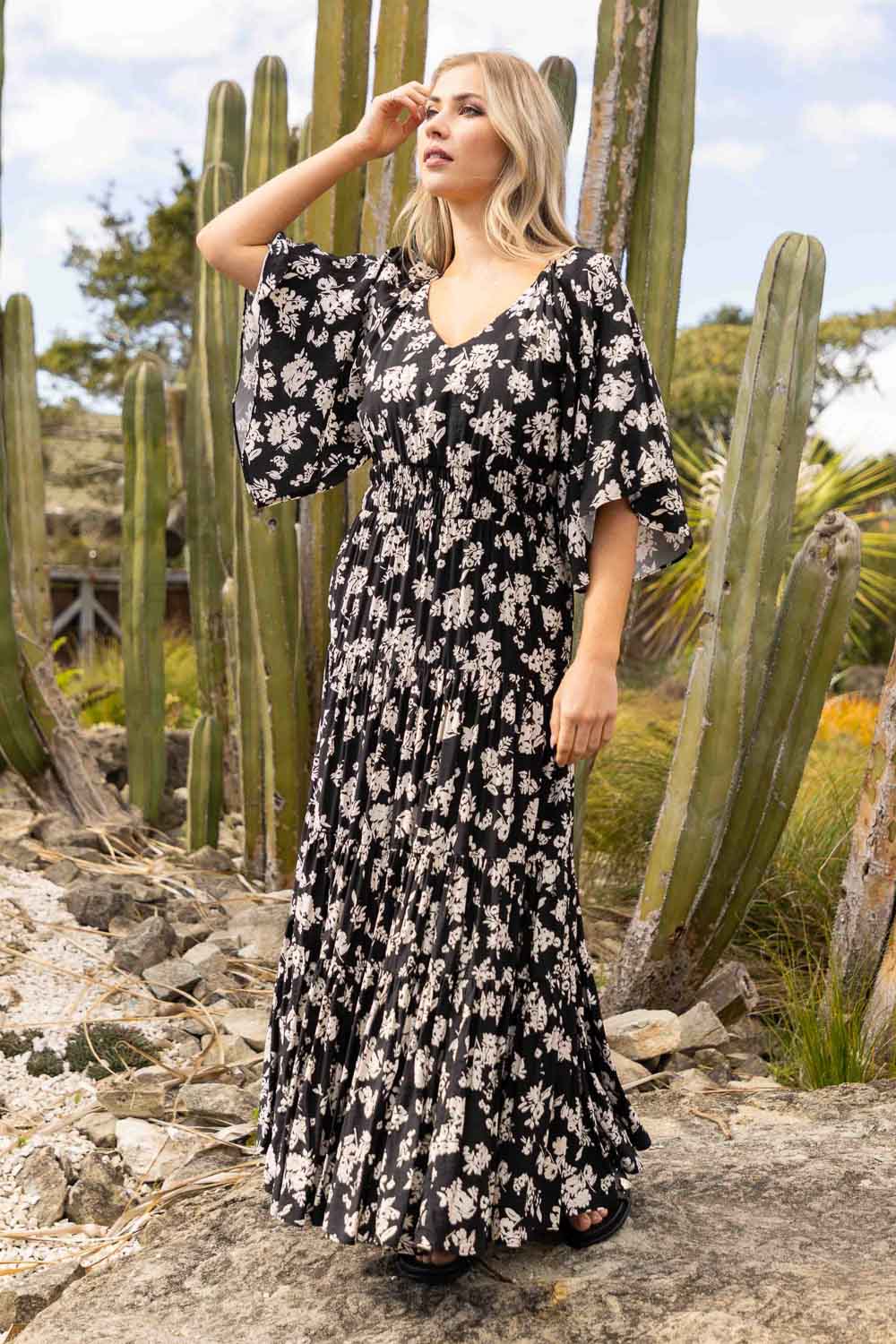 black and cream floral maxi dress Cute Palm Print Cream Maxi Dress | Trendy Women's Dresses