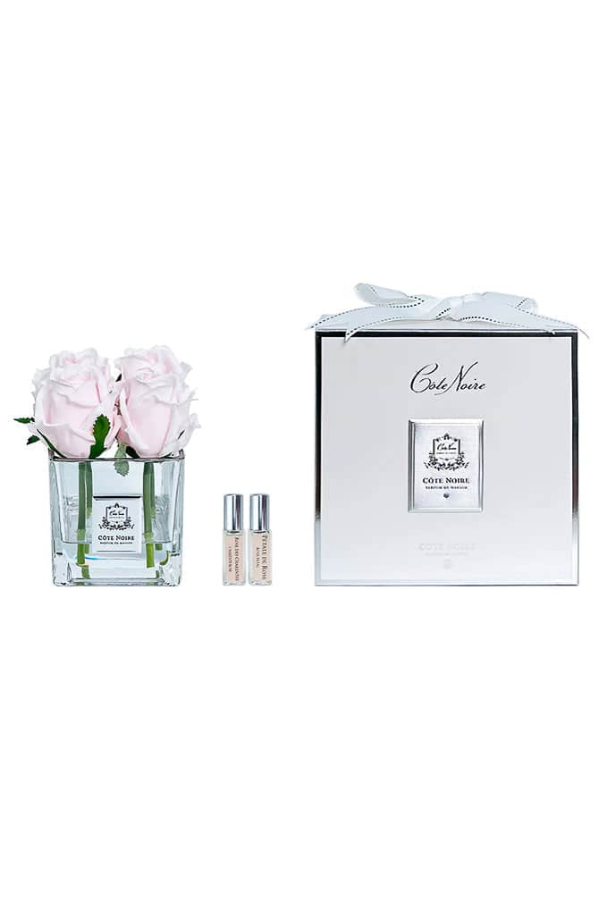 Cote Noire Couture Perfumed Flowers Square 4 Rose Buds Silver and French Pink