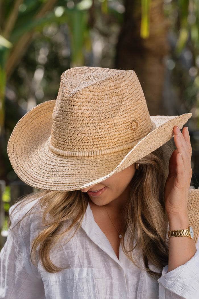 Sundaise Caitlin Stacked Shell Western Hat Raffia 2