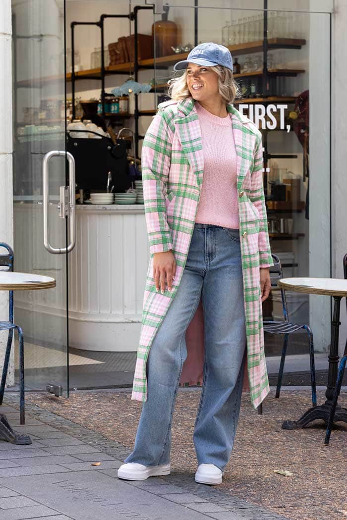 green pink tartan coat plus size