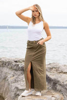 khaki denim maxi skirt