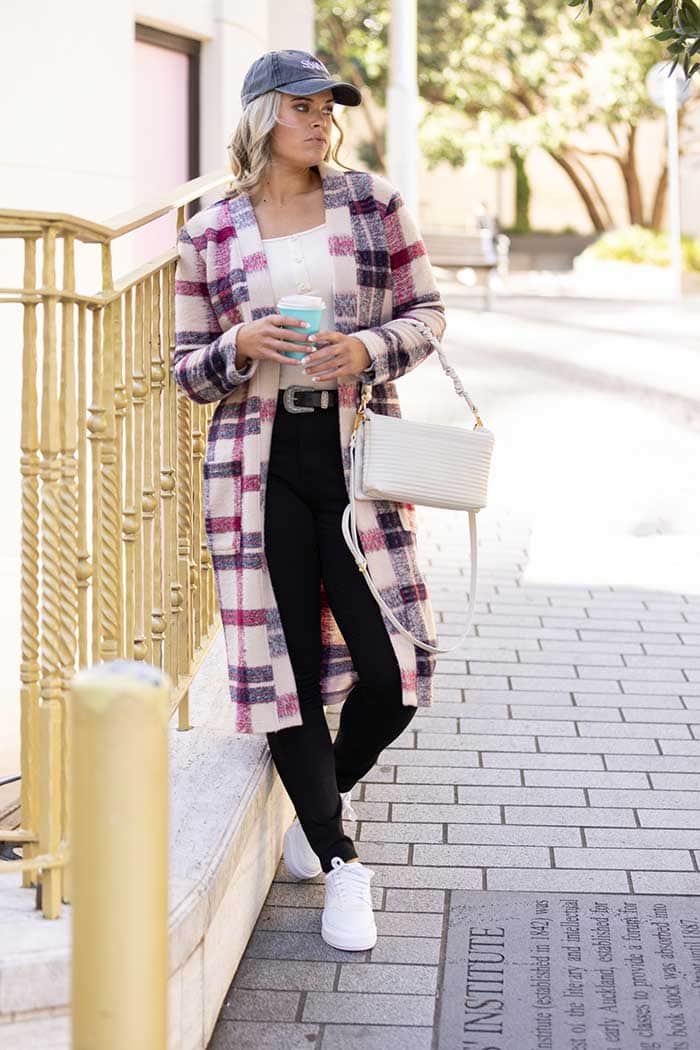 long beige tartan print cardigan