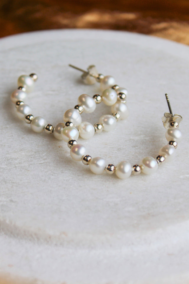 pearl hoop earrings silver