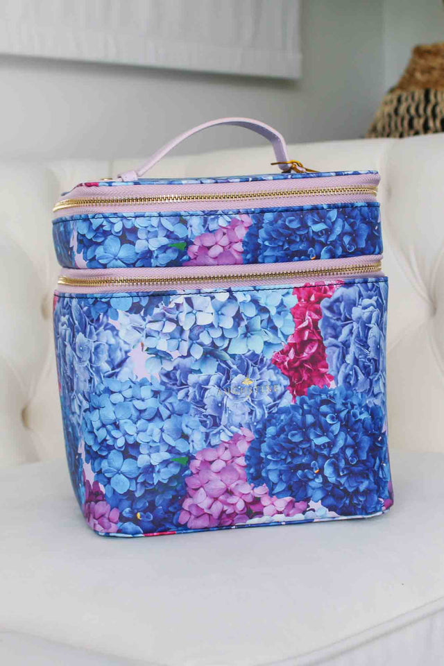 blue and purple hydrandea print cosmetic bag