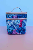 blue and purple hydrandea print cosmetic bag