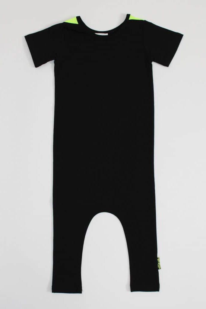 black and fluro yellow baby romper