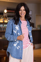 white floral embroidered denim shirt