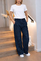 dark navy wide-leg jeans with diamantes
