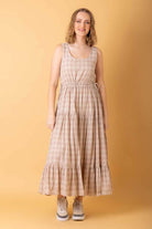 beige tartan maxi dress