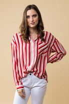 red pink striped shirt