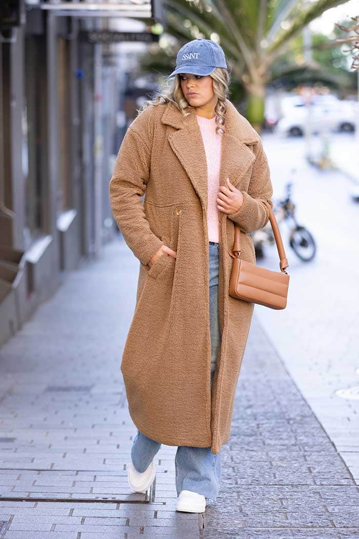 soft caramel teddy style long winter coat