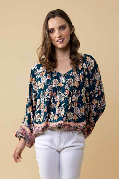 Lydia Blouse Teal Floral – Augustine