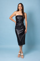 black pleather midi dress