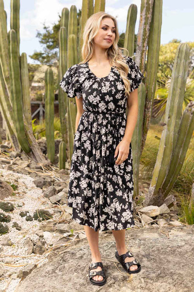Monterey Dress Cream / Black Flower  Augustine