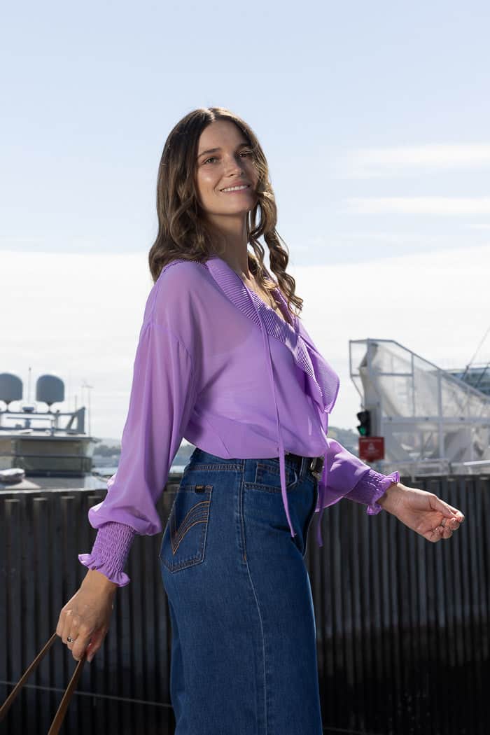 sheer lilac chiffon blouse with frill neckline