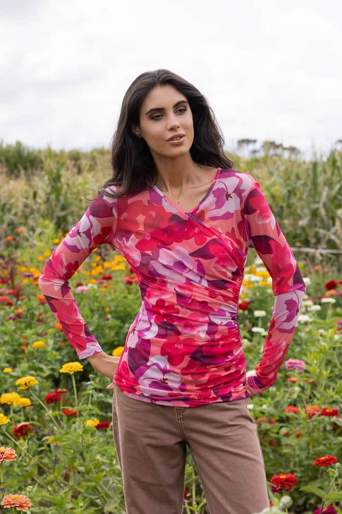 pink red floral mesh top