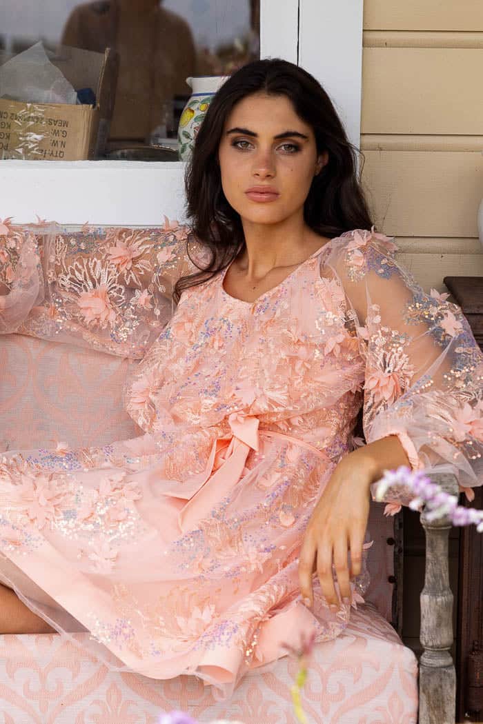 peach floral sequin dress