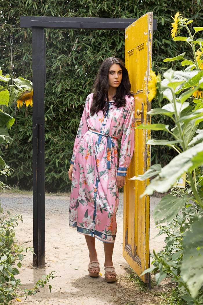 pink floral satin shirt dress