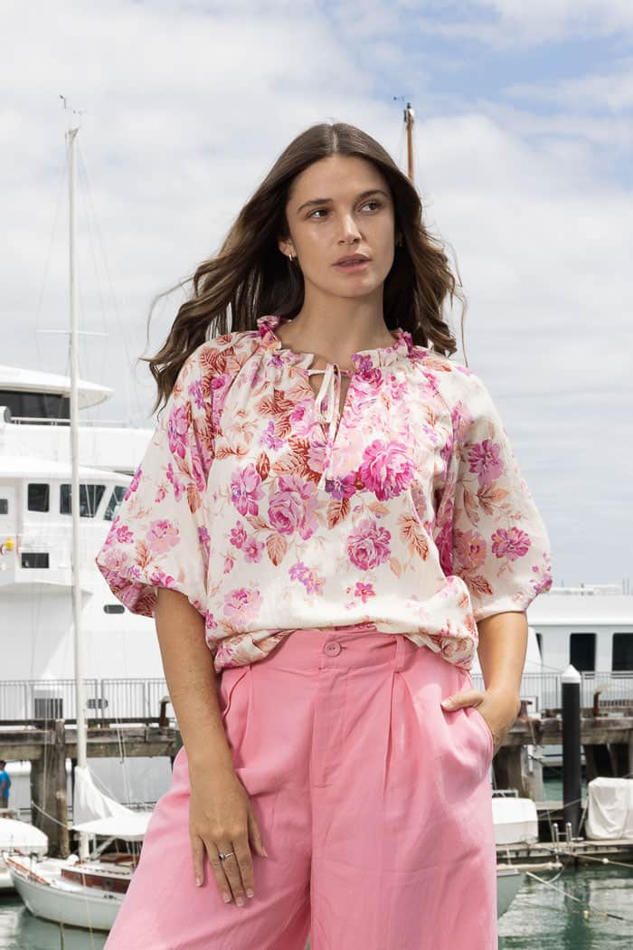 short sleeve pink floral blouse