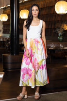 white ribbed bodice singlet midi dress floral