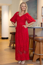 red lace maxi dress puff sleeves