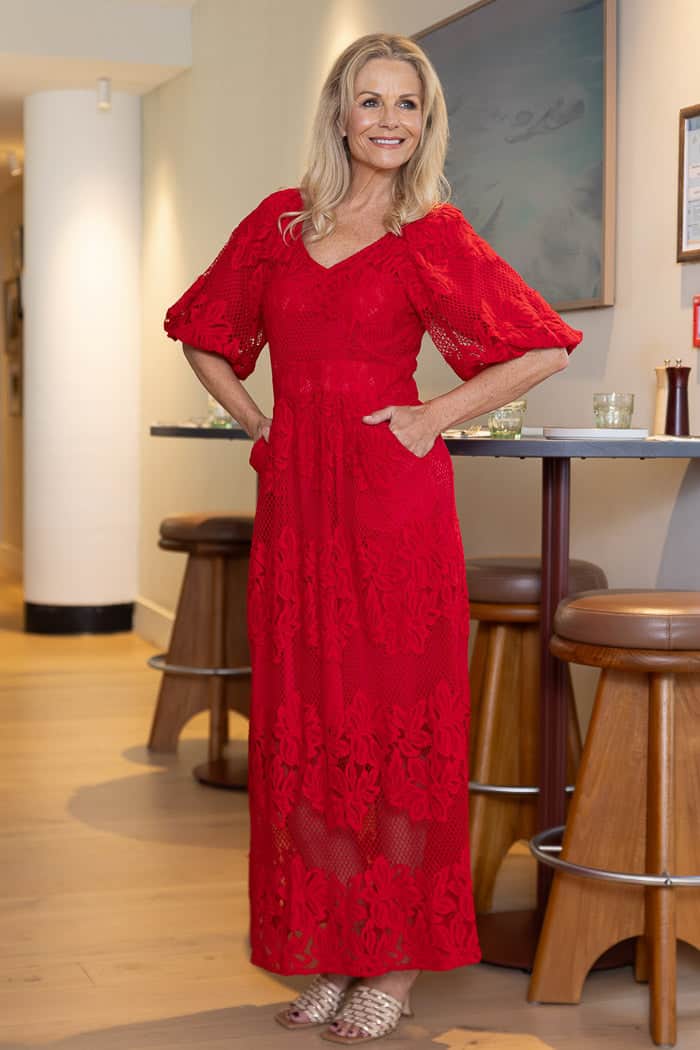 red lace maxi dress puff sleeves