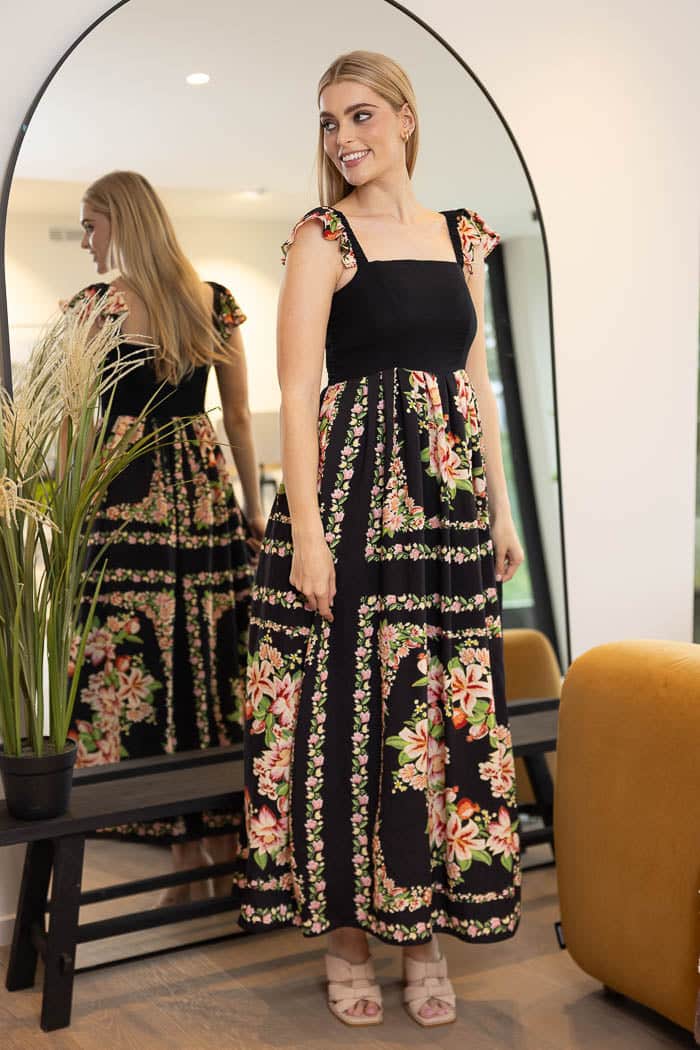black floral bodice maxi dress