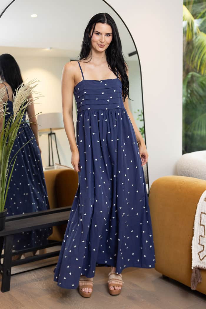navy maxi dress with embroidered white hearts
