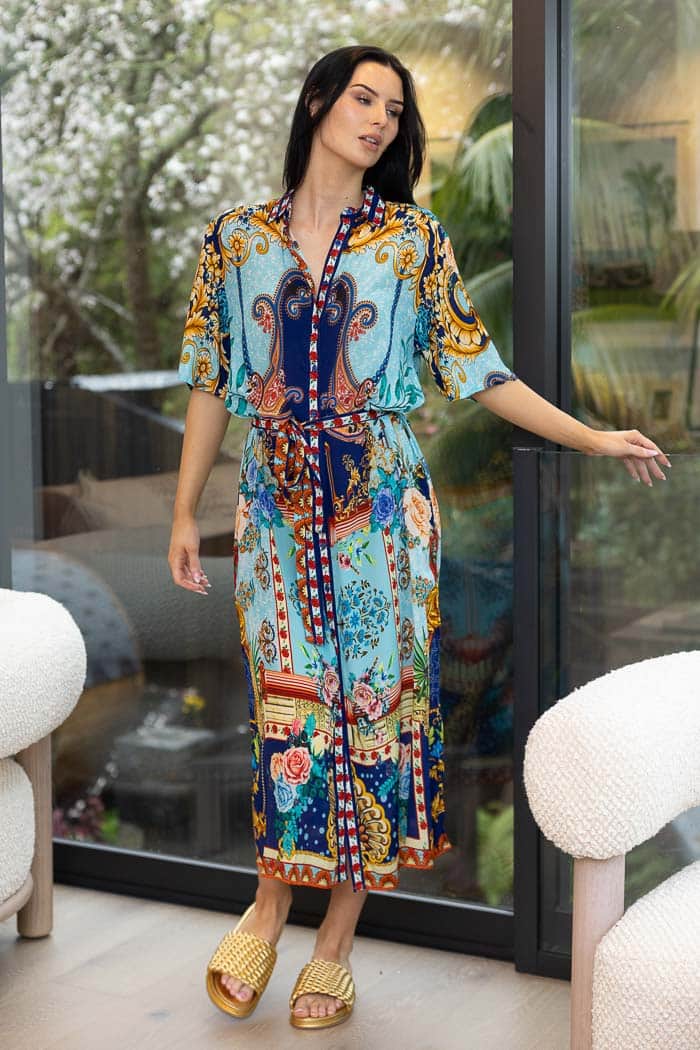 blue vintage print midi shirt dress