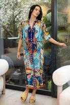 blue vintage print midi shirt dress