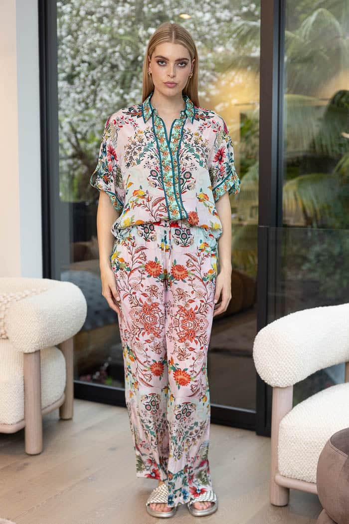 pink vintage print summer pants