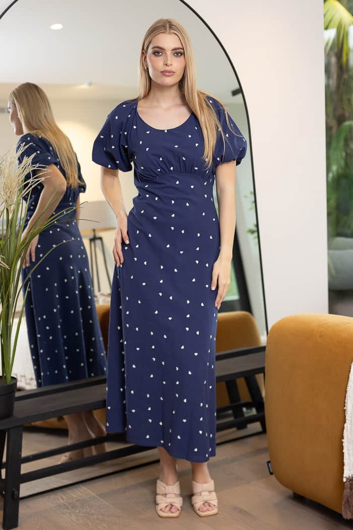 navy midi dress with white heart