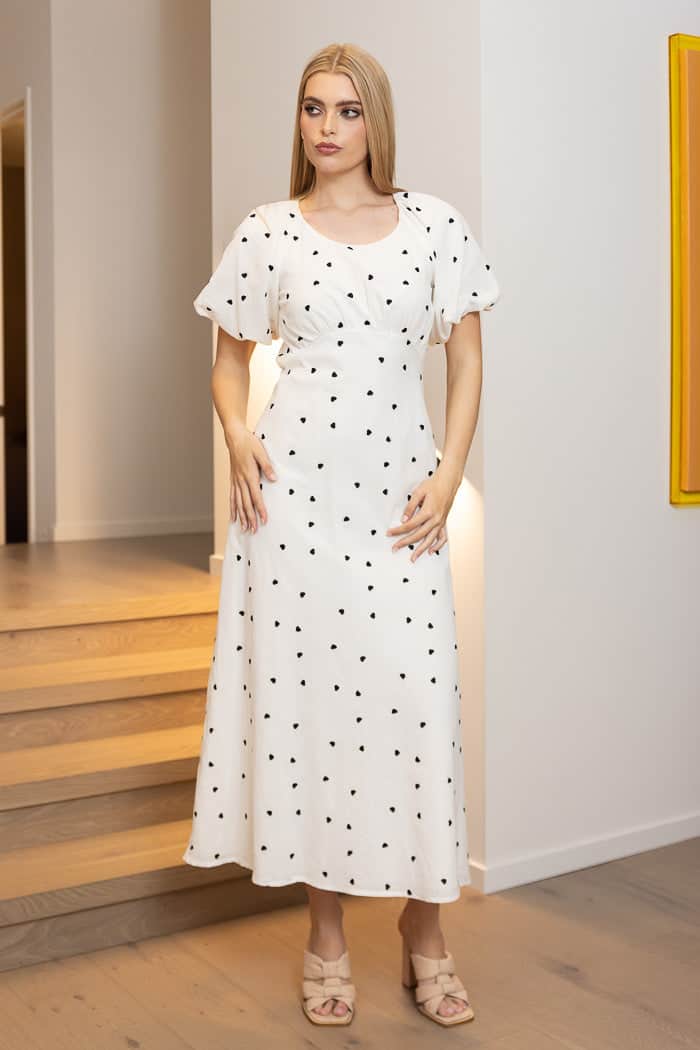 white midi dress with black embroidered heart