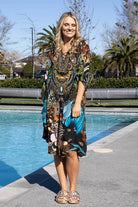 vibrant, multicolored bohemian-style printed kaftan dress 