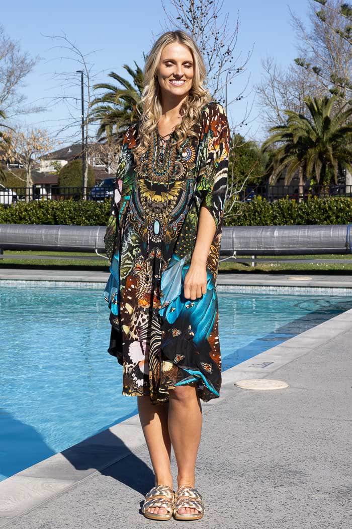 vibrant, multicolored bohemian-style printed kaftan dress 