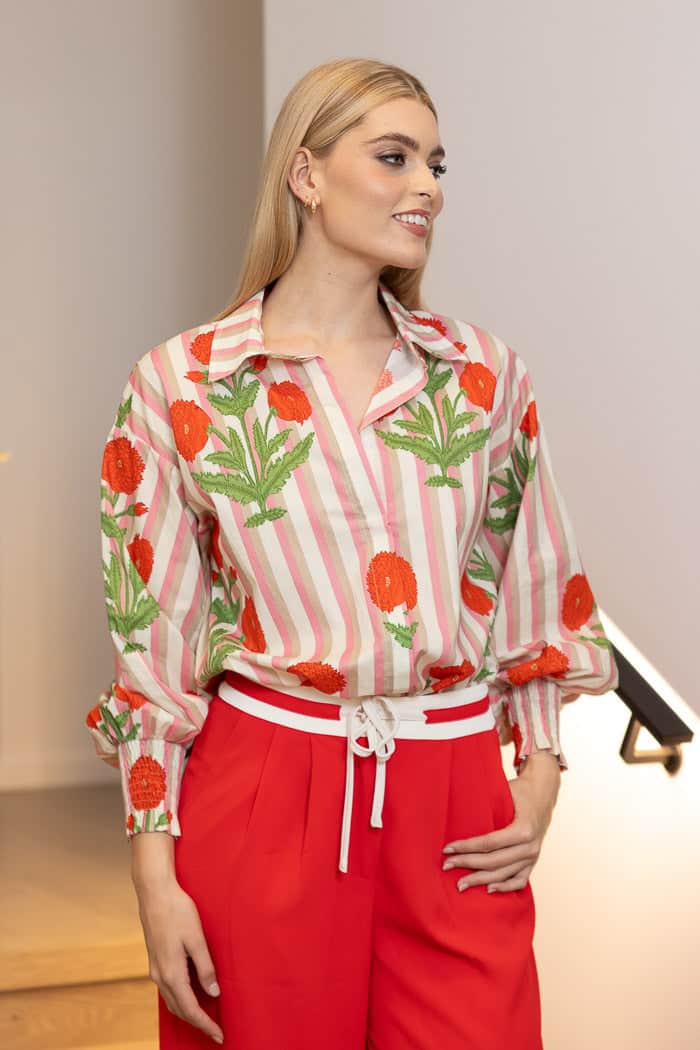 pink stripe shirt with floral prints