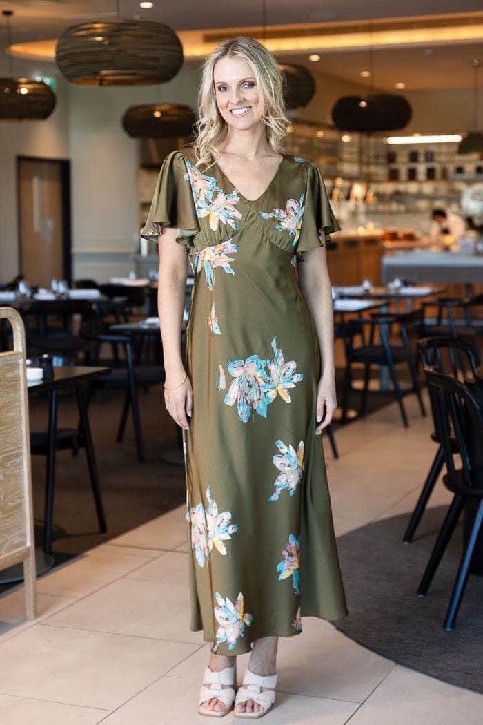 olive green maxi dress floral print