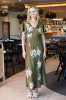 olive green maxi dress floral print